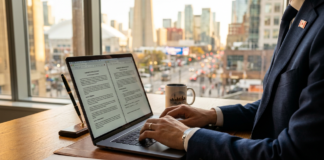 How to optimize a Canadian lawyer directory profile for 2026 Business professional in navy suit types on laptop at desk by window overlooking city, representing lawyer directory profile optimization and digital presence management.