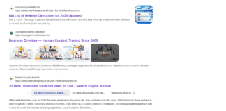 What is a web directory? A clear 2026 definition Search engine results page displaying three web directory listings with thumbnails, URLs, and descriptions, illustrating the concept of web directories and online business categorization.