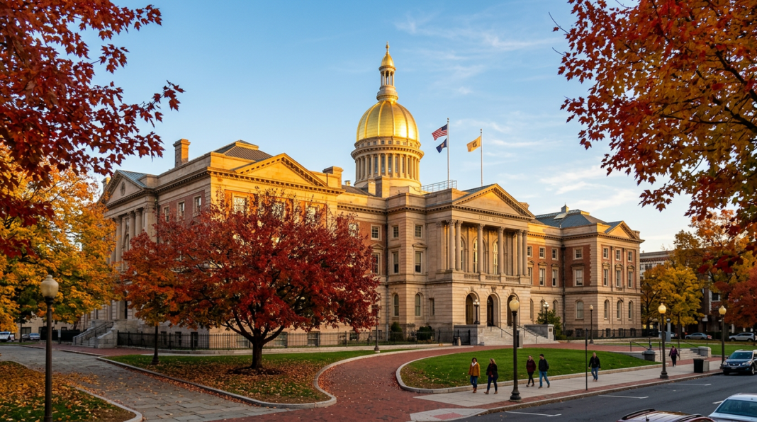 state-capitol-building-golden-dome-autumn-neoclassical-architecture-2026 Golden-domed neoclassical capitol building surrounded by autumn trees with red foliage, representing state-level legal infrastructure for Vermont law firm directory article.