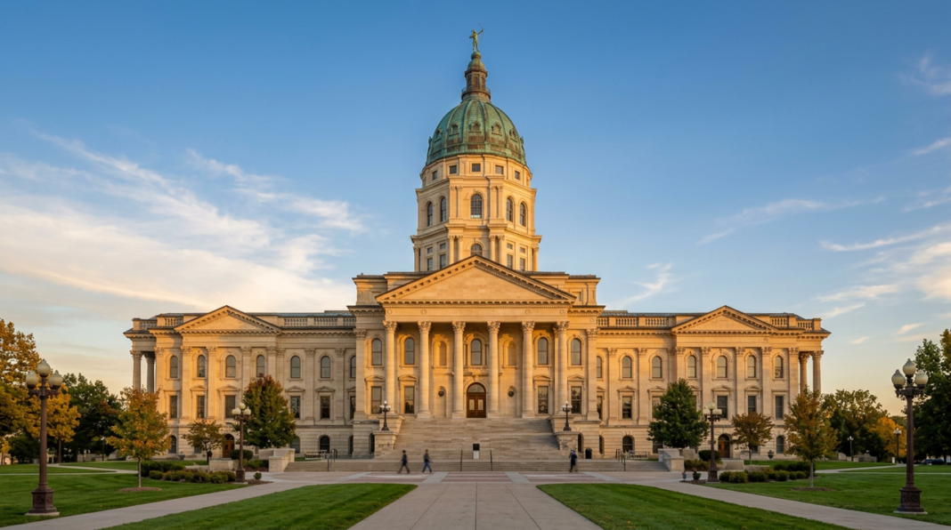 state-capitol-building-neoclassical-dome-columns-golden-hour-2026 The Kansas State Capitol building in Topeka with its distinctive green dome and columned entrance, representing the state's legal and institutional framework for law firm directories.