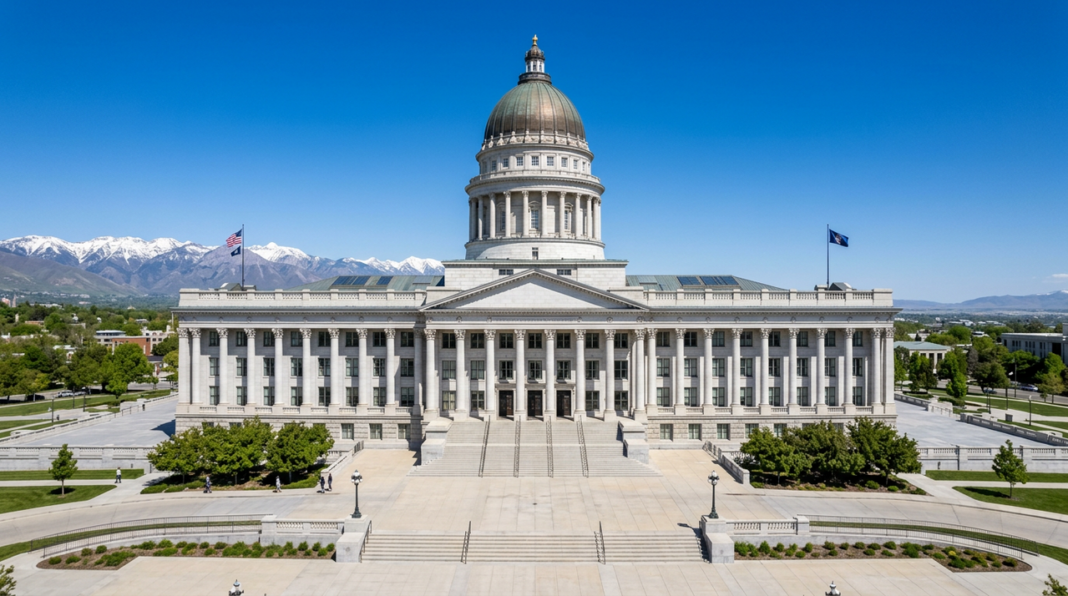 state-capitol-building-neoclassical-dome-columns-government-architecture-2026 The Utah State Capitol building with its iconic dome and columned entrance under clear skies, symbolizing the state's legal and governmental authority structure.