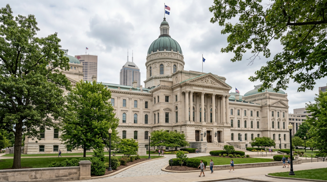 state-capitol-building-neoclassical-dome-columns-legal-infrastructure The Indiana State Capitol building with its distinctive dome and columned entrance stands as the governmental seat overseeing the state's legal infrastructure and law firm ecosystem.