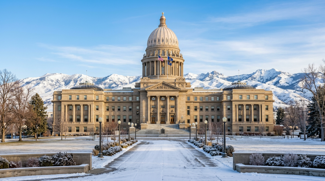 state-capitol-building-neoclassical-dome-winter-snow-mountains-government-architecture The Idaho State Capitol building with its distinctive dome and neoclassical columns, photographed in winter with snow-covered grounds, representing the jurisdiction for legal directory searches.