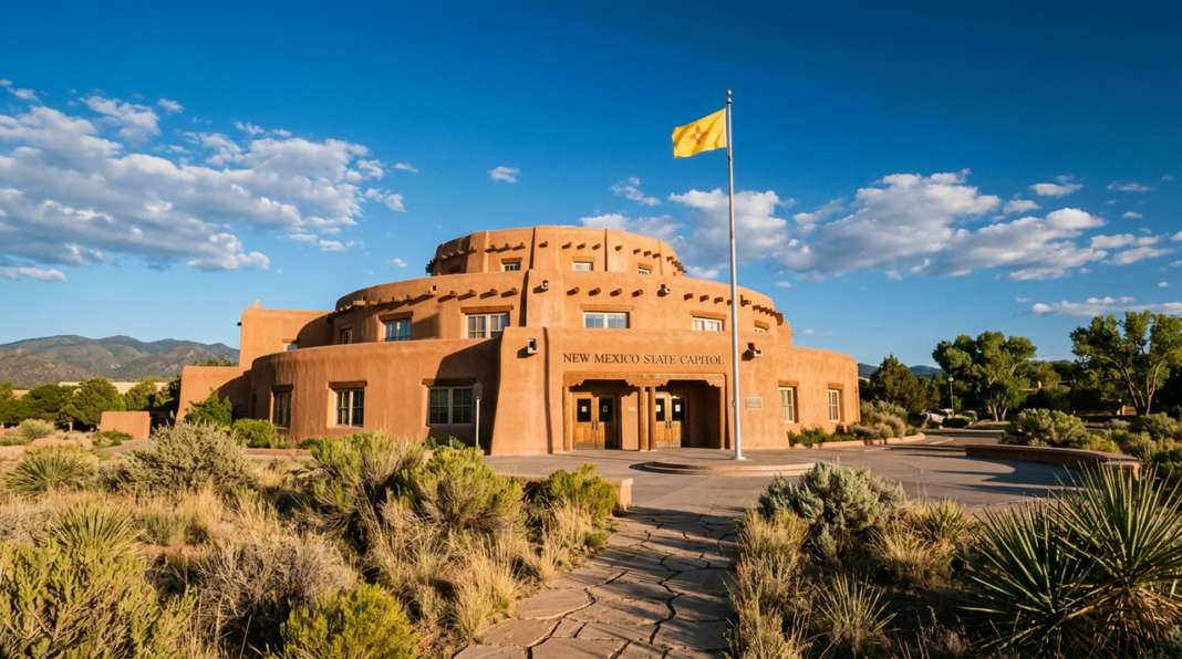 state-capitol-building-pueblo-revival-architecture-southwestern-governance The New Mexico State Capitol building in Pueblo Revival style under blue sky, representing the state's governmental and legal professional infrastructure.
