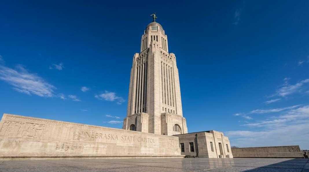 state-capitol-tower-art-deco-architecture-blue-sky-monumental-columns The Nebraska State Capitol's Art Deco tower rises against a blue sky, symbolizing the state's legal infrastructure and resources accessible through the law firm directory.