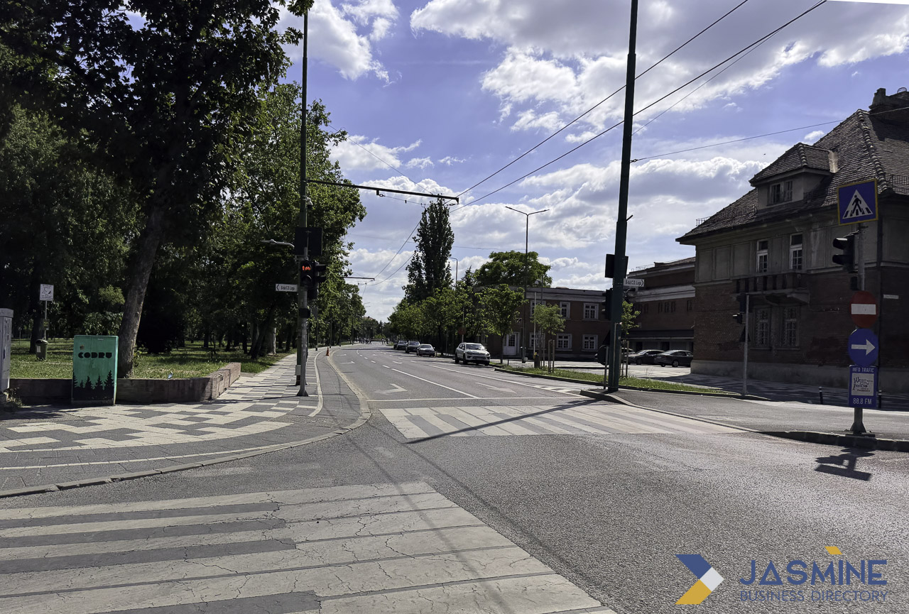 Urban street intersection with tram infrastructure