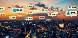 Aerial view of an illuminated cityscape at dusk with overlaid social media engagement metrics in white speech bubbles, illustrating digital reach and local social media visibility.