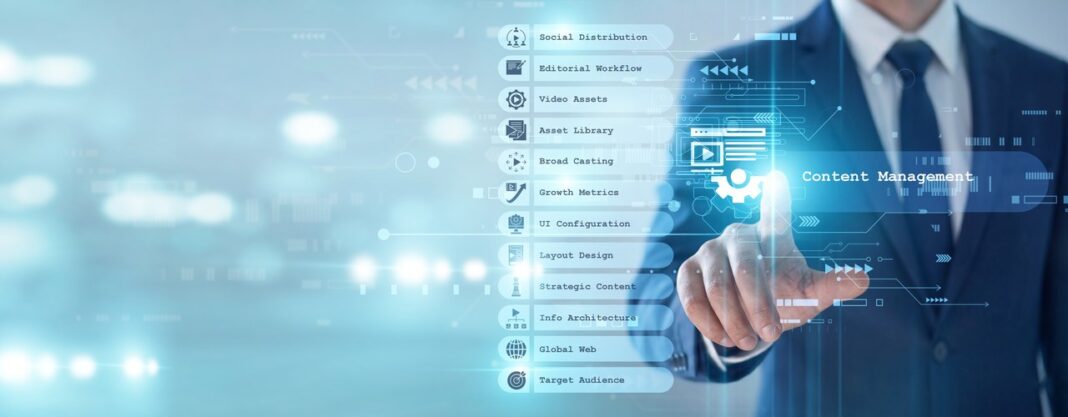 Digital interface overlay illustrates real-time data verification and AI-driven content management systems Business professional in navy suit gestures toward overlaid digital interface menu showing content management options, representing AI-driven real-time data verification systems.