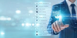 Business professional in navy suit gestures toward overlaid digital interface menu showing content management options, representing AI-driven real-time data verification systems.