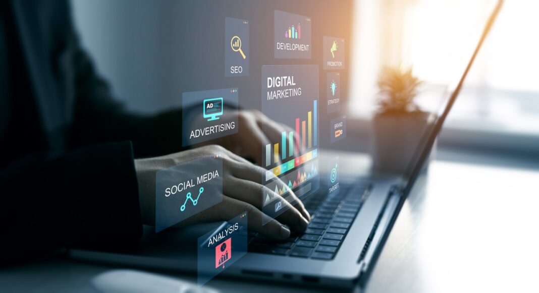Digital marketing interface demonstrates how business listings convert visitors into customer leads Hands typing on laptop with translucent digital marketing interface panels showing analytics and SEO icons, illustrating how business directory listings generate customer leads.
