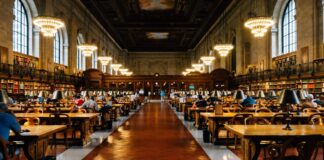 The grand Rose Main Reading Room at New York Public Library with organized bookshelves and study tables illustrating structured information hierarchy and systematic content organization.