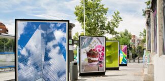 The Future of Local Advertising: Directory Sponsorships Four vertical advertising billboards stand on an urban sidewalk displaying various promotional images, representing traditional outdoor media for local business visibility and commercial discovery.
