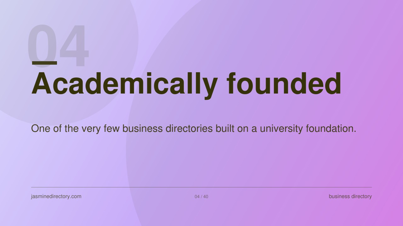 Presentation slide with purple gradient background showing 'Academically founded' headline, illustrating the educational credentials behind professional business directory curation standards.