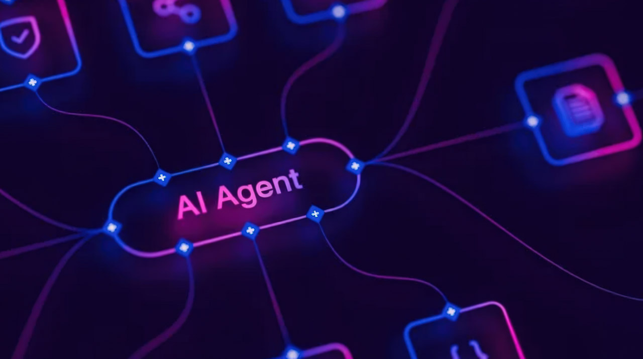 Network diagram with glowing blue and magenta lines connecting nodes around pink AI Agent text, visualizing the infrastructure supporting directory data feeds for answer engine optimization.
