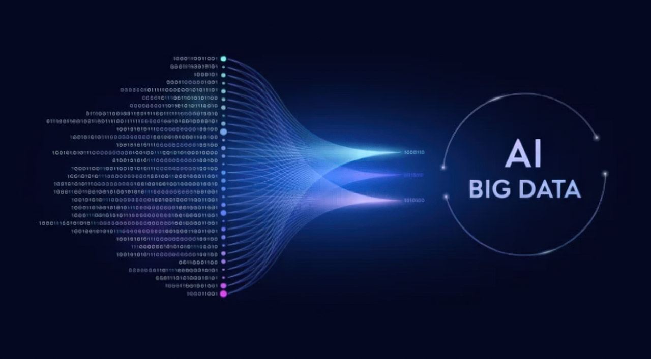 Digital illustration showing binary code streams flowing into light beams toward a circle labeled AI Big Data, representing the evolution of business directories into intelligent platforms.