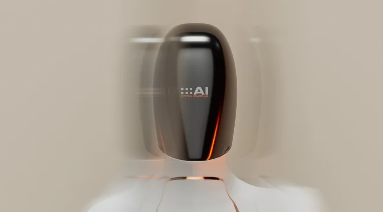 A sleek black AI-branded device with an orange LED light glows on a white surface, representing automated technology for SEO strategy development.