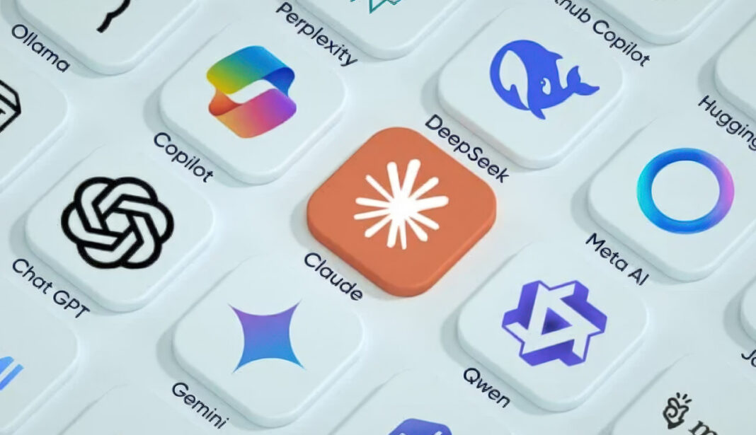 Collection of AI chatbot application icons representing platforms that generate automated business summaries and information Array of colorful AI chatbot application icons including Claude, ChatGPT, and Gemini arranged on white background, representing platforms that generate automated business information summaries.