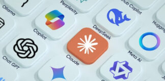 Array of colorful AI chatbot application icons including Claude, ChatGPT, and Gemini arranged on white background, representing platforms that generate automated business information summaries.