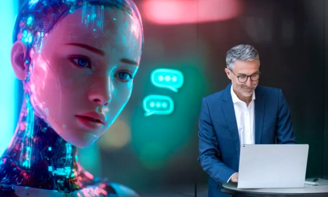 Human-machine interaction concept illustrating AI shopping agents and algorithmic commerce technology Translucent robot head with circuitry faces a businessman working on a laptop with glowing chat bubbles between them, representing AI-driven shopping technology.
