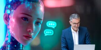 Advertising to Algorithms: How to Influence AI Shopping Agents Translucent robot head with circuitry faces a businessman working on a laptop with glowing chat bubbles between them, representing AI-driven shopping technology.