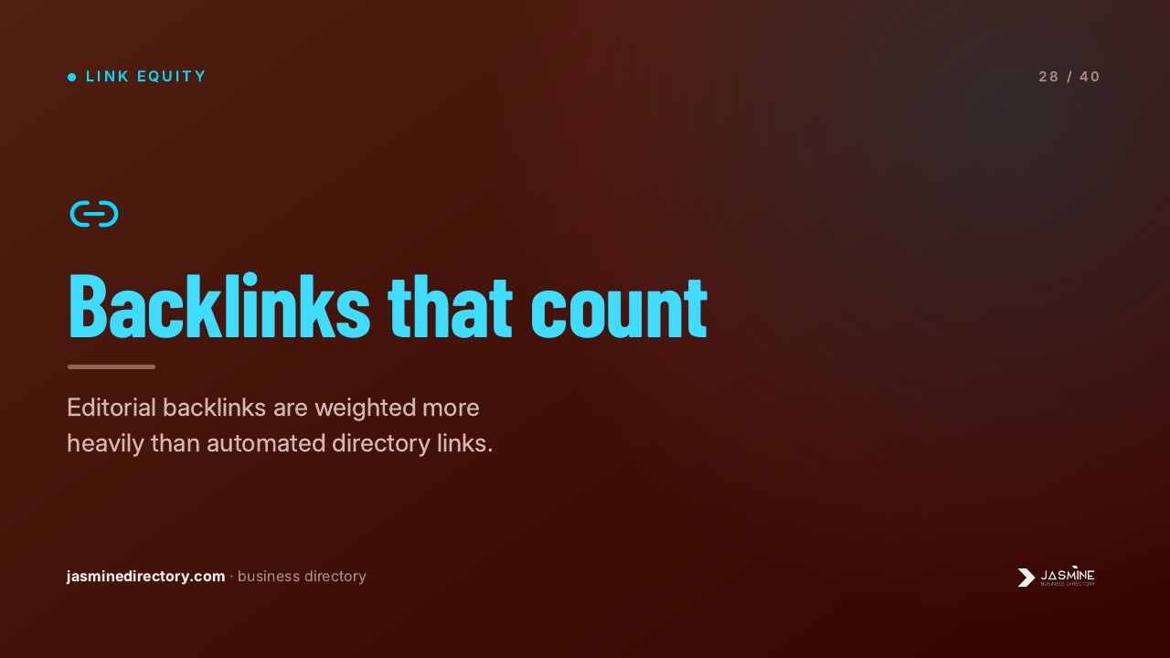 Presentation slide with cyan 'Backlinks that count' heading and chain link icon on dark gradient background, illustrating directory link-building strategies for SEO professionals.