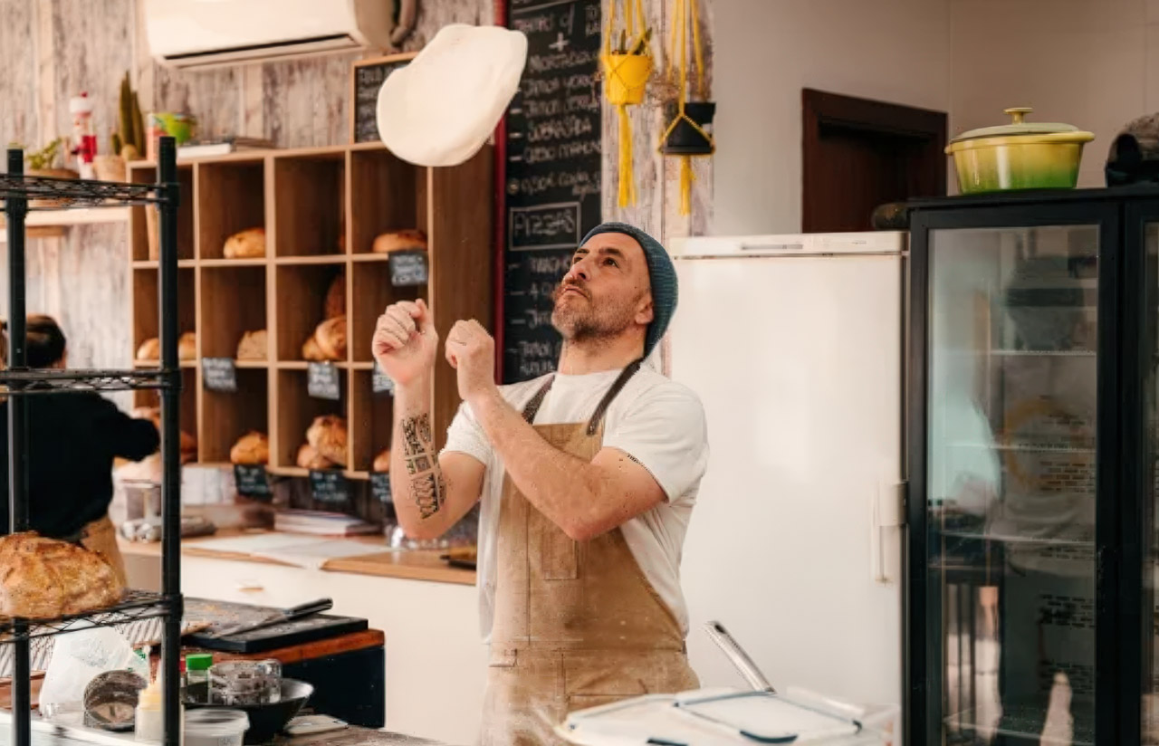Baker tosses pizza dough in the air inside an artisan bakery, illustrating authentic content local businesses can create for their audiences.