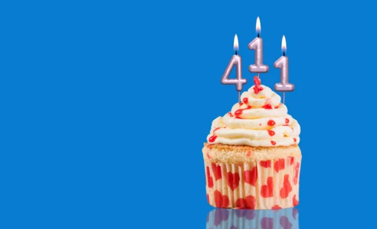 A cupcake with white frosting and red sprinkles topped with lit number candles reading 4-1-1, illustrating professional product photography for business listings.