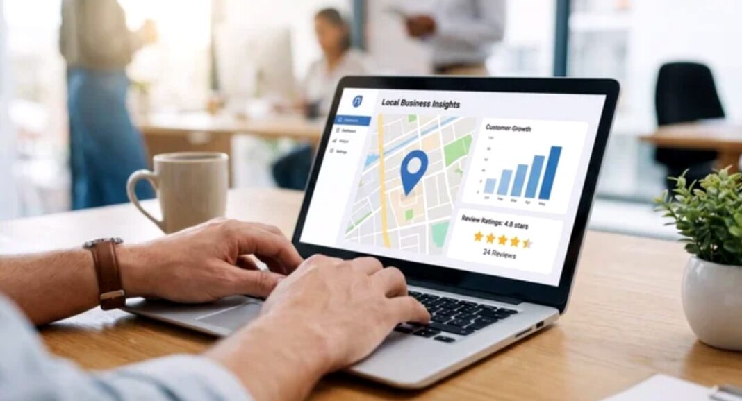 Professional using analytics dashboard illustrating AI-powered SEO tools and data-driven optimization strategies Person typing on laptop showing analytics dashboard with map and metrics on wooden desk, demonstrating AI-driven SEO data analysis tools.