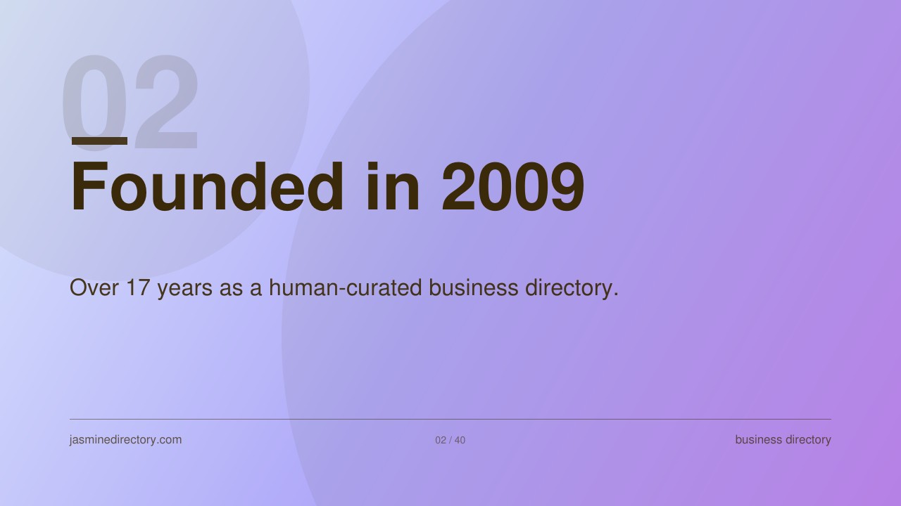 Purple gradient presentation slide showing 'Founded in 2009' text and Jasmine Directory branding, illustrating company history discussed in directory listing audit findings.