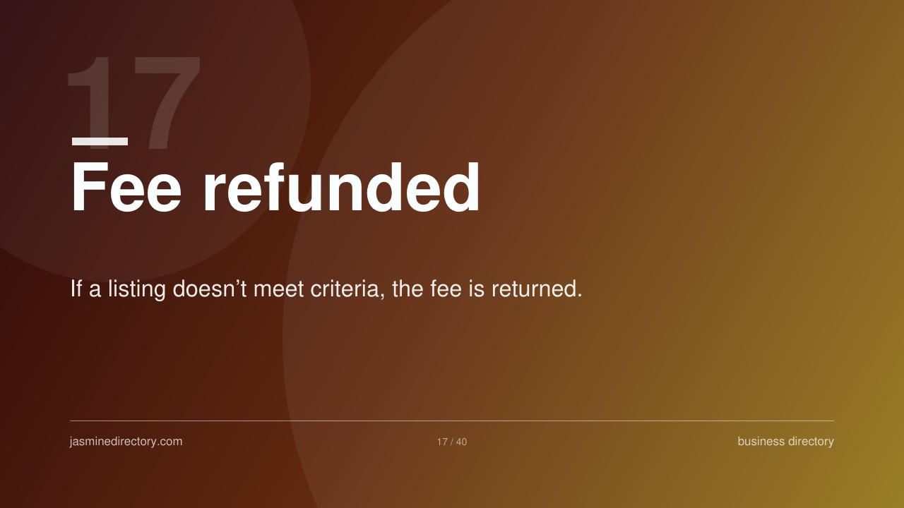 Presentation slide with gradient background showing text about fee refunds for directory submissions, illustrating the refund policy discussed in the article about directory review fees.