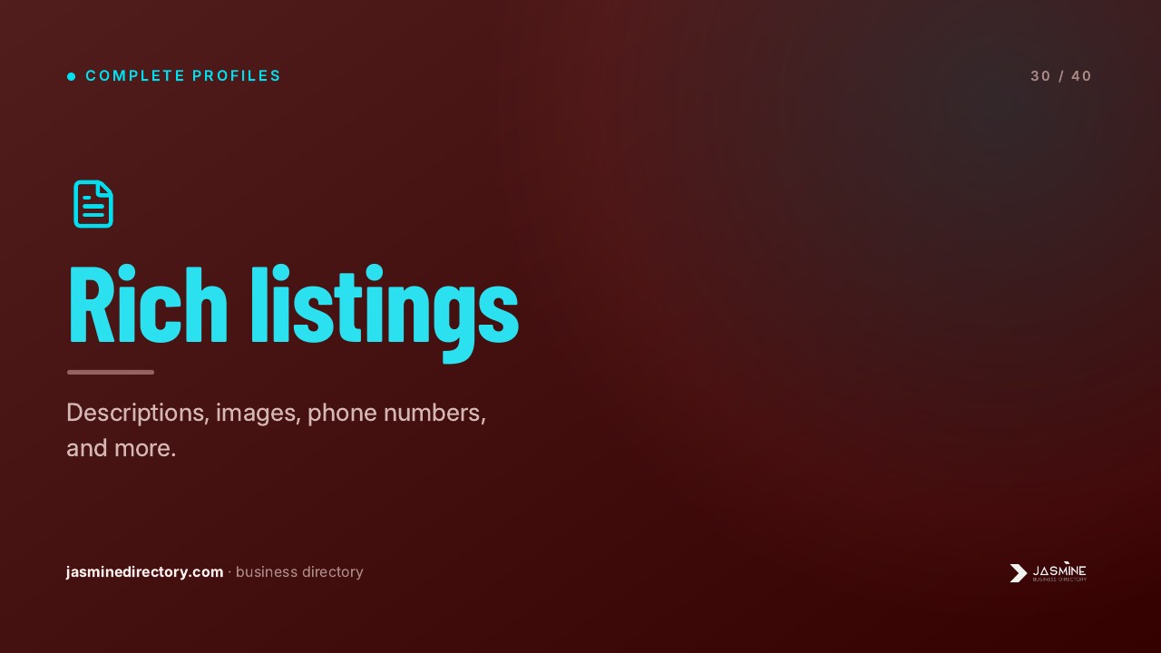 Digital interface displaying 'Rich listings' in cyan text on burgundy gradient background with document icon, illustrating enhanced business directory profile features.