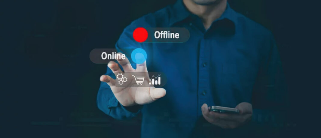 Digital interface interaction illustrates utility advertising's problem-solving approach for modern consumers Business person in blue shirt gestures while holding smartphone with digital overlay showing online and offline status indicators, representing utility advertising that provides practical solutions.