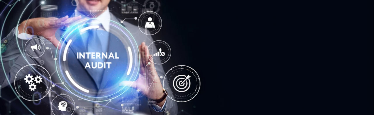 Business professional in suit touching holographic digital interface showing internal audit icons, illustrating modern technology's role in building small business credibility and authority.