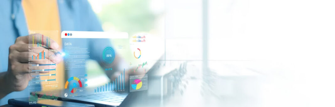 Digital analytics visualization illustrating performance-based lead generation metrics Business professional's hands on laptop with colorful translucent charts and graphs overlay, representing performance-based monetization tracking and lead generation metrics.