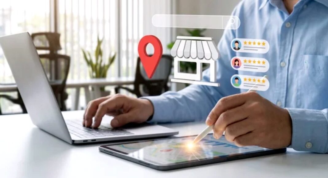 Professional evaluates digital platforms with business graphics overlay, illustrating platform comparison decision-making Person works with laptop and tablet displaying digital business graphics including storefront icons and customer review ratings, representing the evaluation of competing digital platforms.