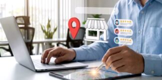 Top 15 Custom Logistics Software Development Companies in 2027 Person works with laptop and tablet displaying digital business graphics including storefront icons and customer review ratings, representing the evaluation of competing digital platforms.