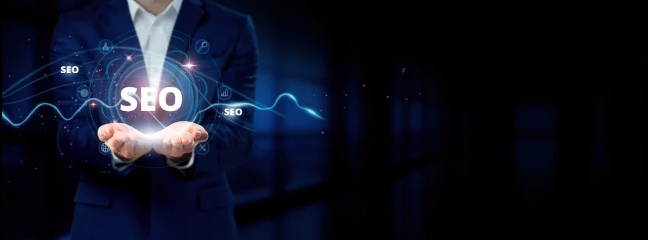 Business professional in navy suit gestures toward glowing SEO holographic display, illustrating the shift from click-through metrics to brand awareness measurement in digital marketing.