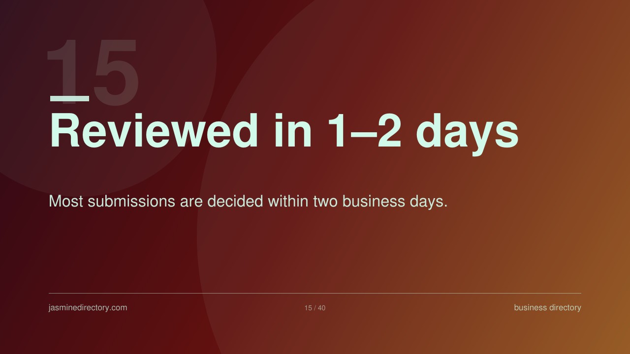 Presentation slide with gradient background showing '15' watermark and text 'Reviewed in 1–2 days', illustrating the business verification timeline for Jasmine Directory's editorial review process.