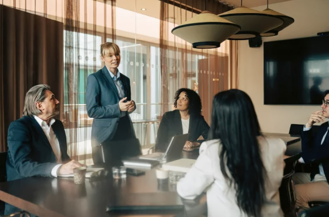 A woman presents to colleagues in a modern conference room, illustrating the professional authority and credibility essential for small business growth.