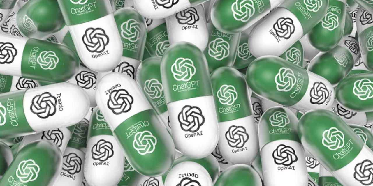Green and white capsules emblazoned with OpenAI and ChatGPT logos overlap in a dense arrangement, representing artificial intelligence innovation in marketing applications.