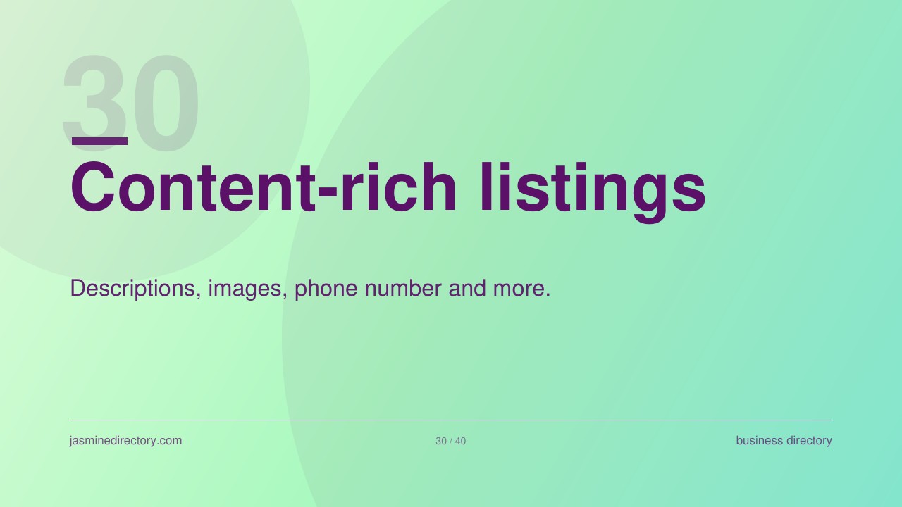 Presentation slide with gradient background displaying 'Content-rich listings' heading and numeral 30, illustrating concepts for building strong business directory profiles.