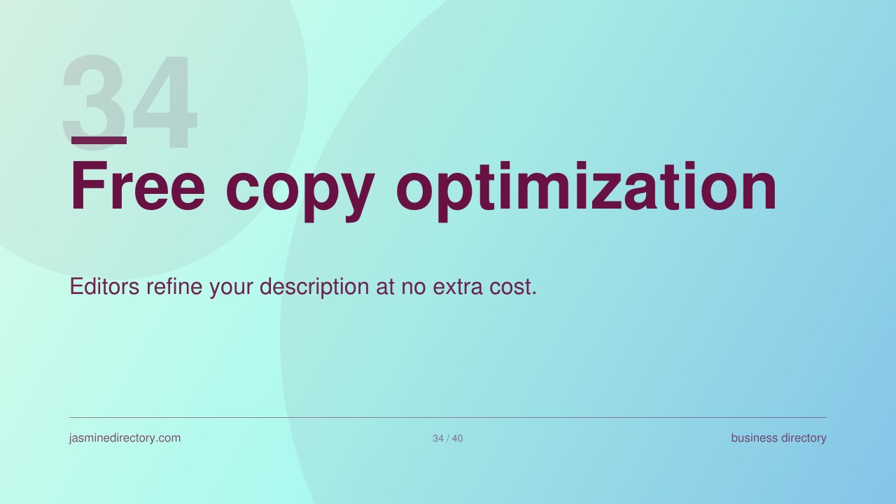 Presentation slide displaying 'Free copy optimization' in purple text on a blue gradient background, illustrating professional services for improving business directory listings.