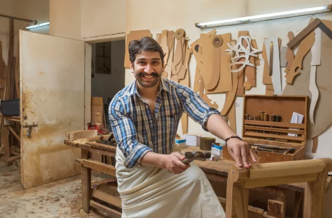 A craftsman works at his woodworking bench surrounded by hand tools and wooden templates, illustrating the deliberate, patient approach central to slow marketing philosophy.