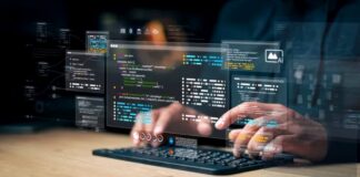WebAssembly (Wasm) and the Future of Web Apps Hands typing on keyboard with holographic code editor interfaces and digital overlays floating above workspace, illustrating modern WebAssembly web application development.