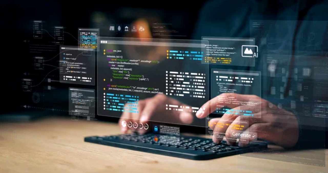 Hands typing on keyboard with holographic code editor interfaces and digital overlays floating above workspace, illustrating modern WebAssembly web application development.