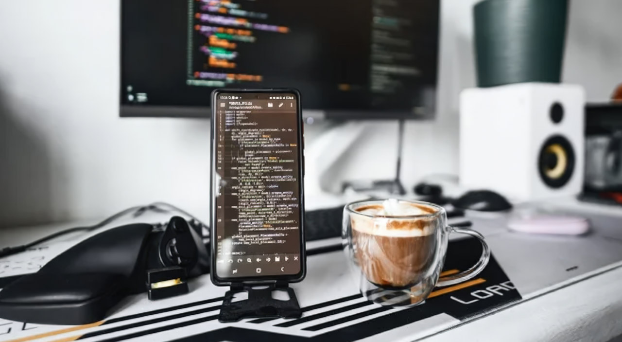Modern developer workspace with smartphone displaying code on stand next to coffee cup and monitor, illustrating the technical setup required for building online business presence.