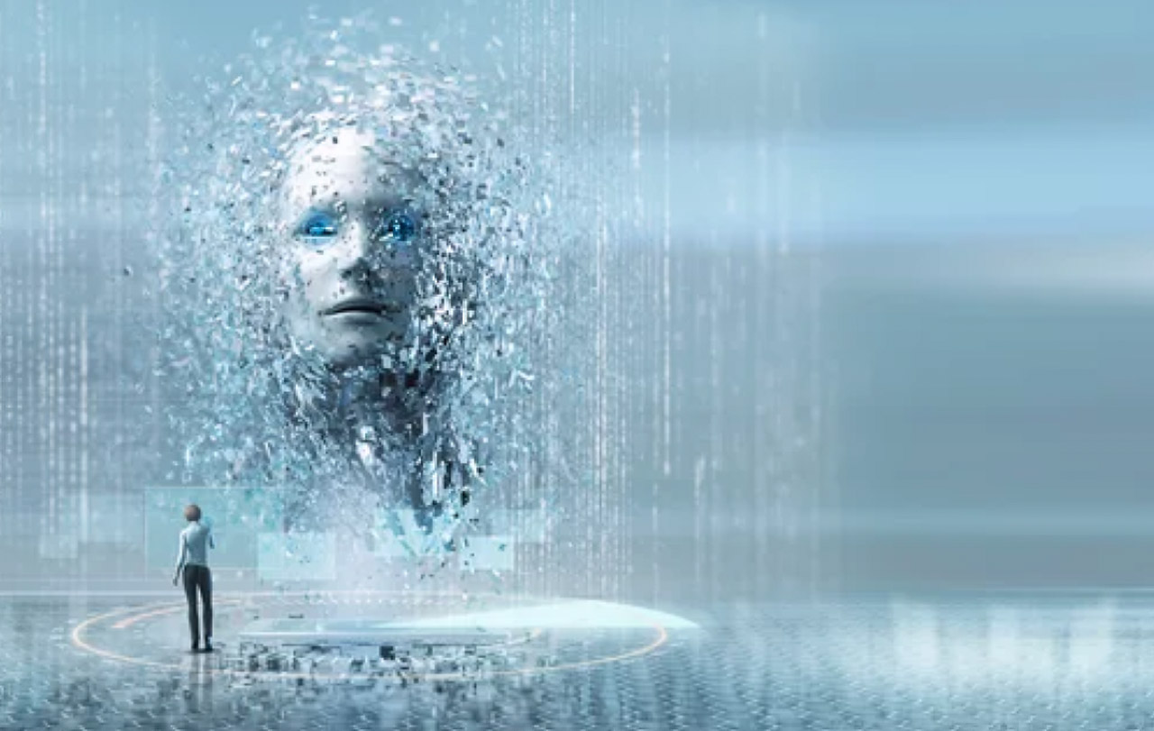 A small human figure stands before a large fragmenting digital face dissolving into particle streams, symbolizing AI-powered search transformation in business discovery.