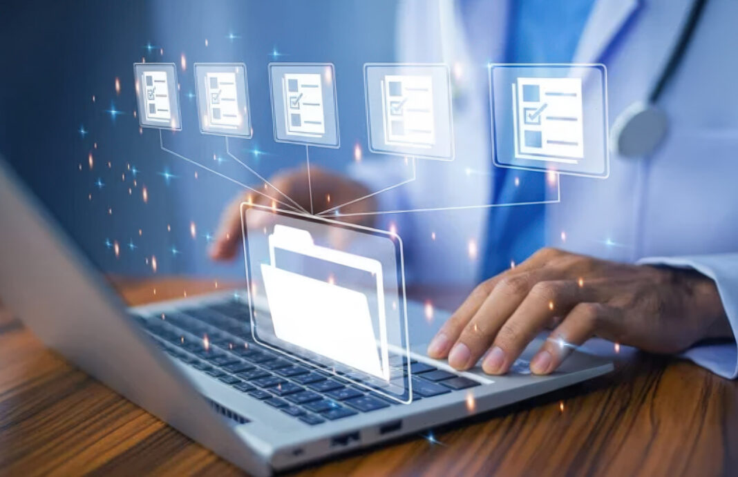 Digital workflow visualization illustrating organized file management for improved website crawlability Person typing on laptop with holographic folder and checklist icons connected by glowing lines, representing systematic organization for website crawl optimization.