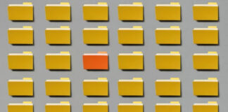 A grid of yellow digital folder icons with one orange folder standing out, representing the strategy of maintaining presence across multiple business directories.