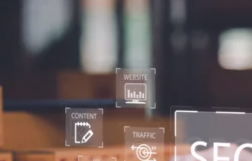 Digital marketing interface concepts illustrate business directory optimization and online visibility strategies Translucent digital marketing interface icons including website, content, traffic, and SEO symbols overlaid on a blurred workspace, representing online business directory optimization strategies.